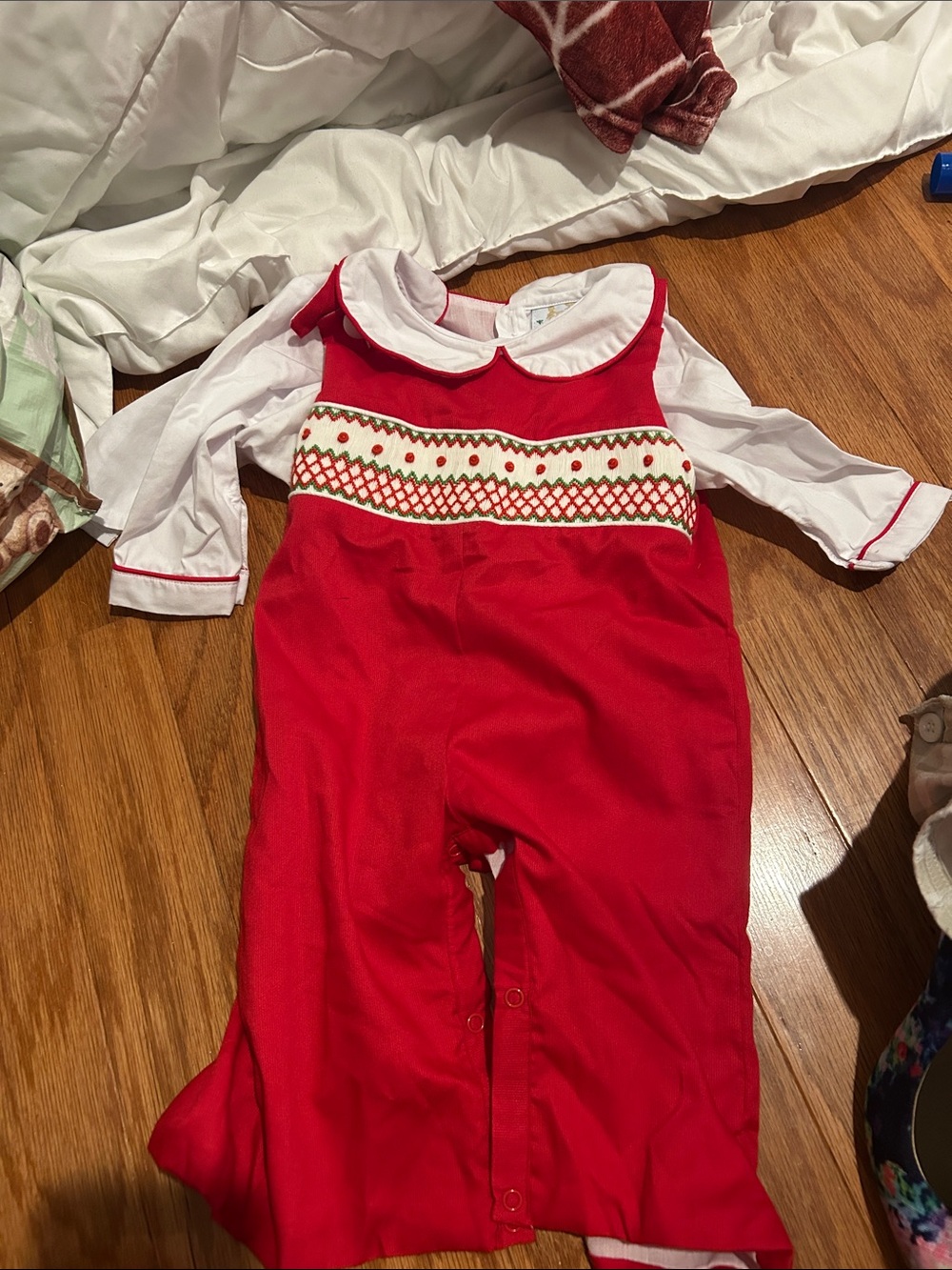 Red Smocked Girls One-Piece Footie with White Collar